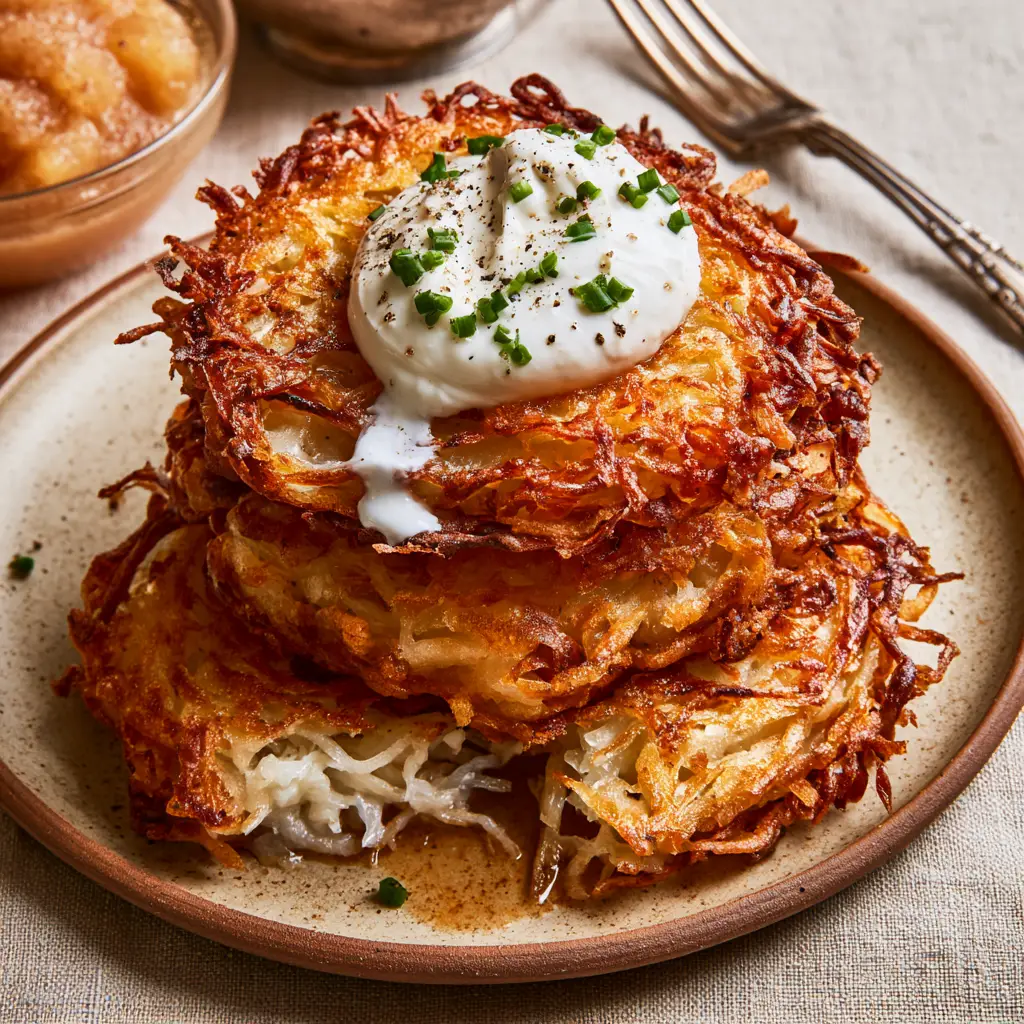 Potato Pancakes: The Secret to Ultra-Crispy Jagged Edges 1 A broken potato pancake revealing a steaming, snowy-white fluffy interior made of finely grated potatoes.