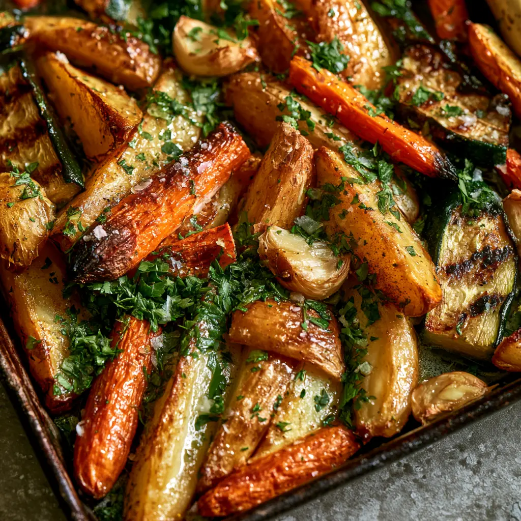 Garlic Herb Roasted Potatoes, Carrots, and Zucchini 1 Caramelized heirloom carrots and golden-brown potatoes on a dark carbon steel pan. (garlic herb roasted potatoes, carrots, and zucchini)