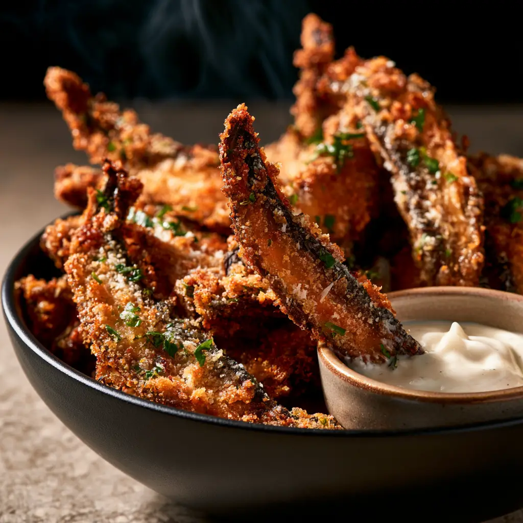 Close up of panko-crusted portobello mushroom fries showing the golden brown texture.