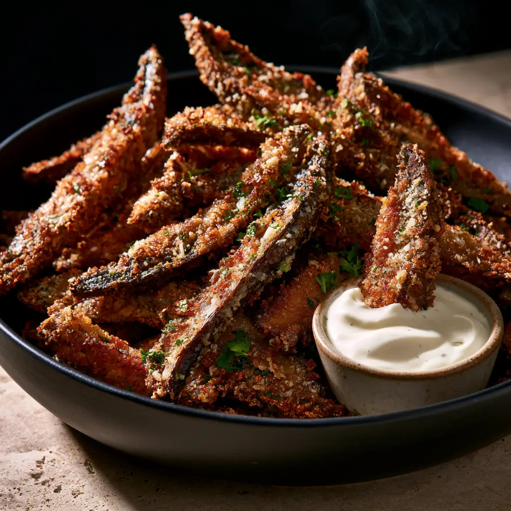 Portobello Mushroom Fries with Extra Crispy Panko and Garlic Aioli 1 A single portobello mushroom fry being dipped into creamy white garlic aioli.