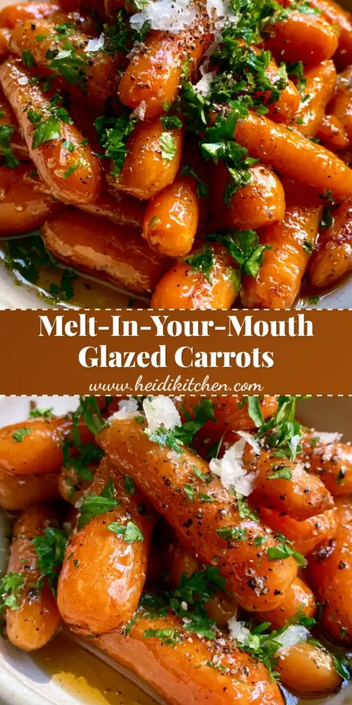 Slow Cooker Glazed Carrots with Honey and Flaky Sea Salt 3 A tall heap of Slow Cooker Glazed Carrots in a white bowl with glistening amber honey sauce and fresh green parsley garnish.