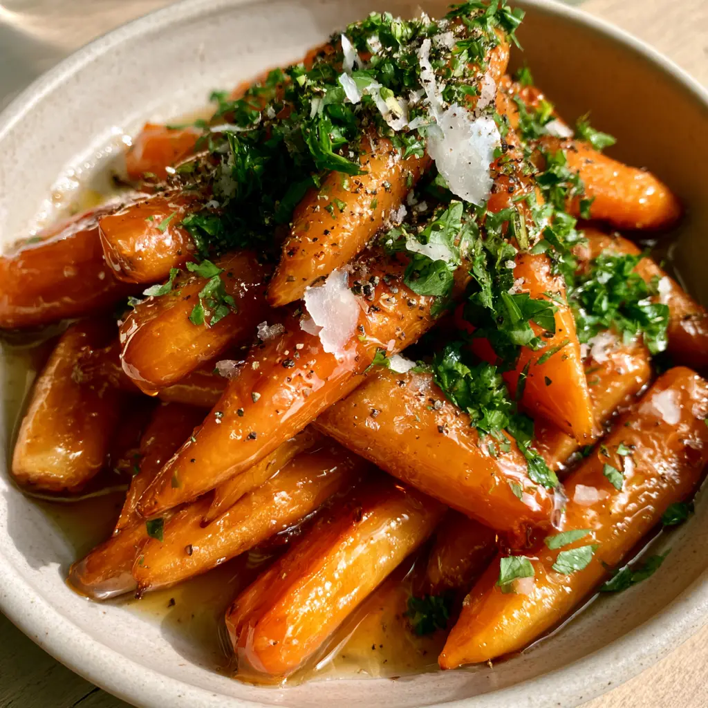 Top-down macro shot of tender Slow Cooker Glazed Carrots with a viscous honey-butter glaze and sea salt.