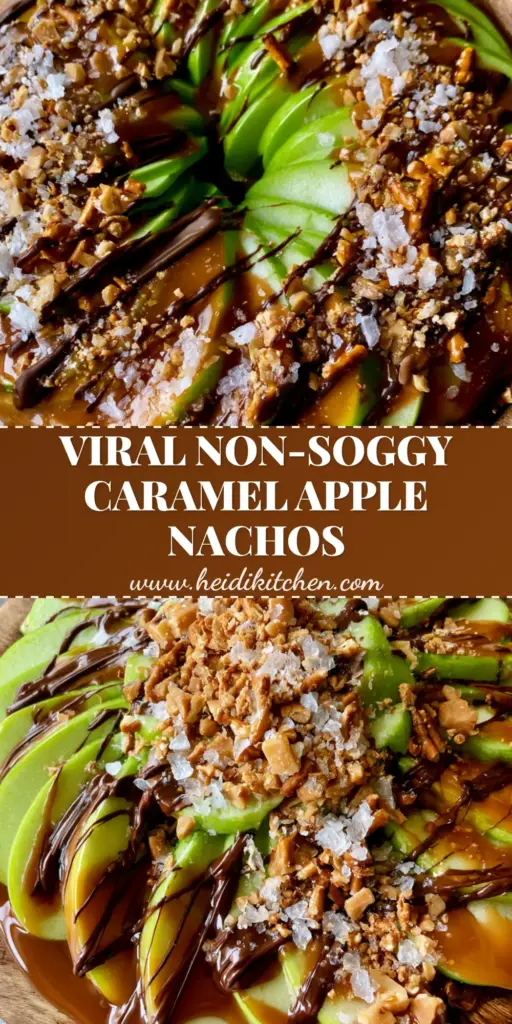 Caramel Apple Nachos with Salted Toffee and Dark Chocolate 3 A handheld smartphone photo of Caramel Apple Nachos featuring crisp green Granny Smith apples, thick amber caramel, dark chocolate, and crushed pretzels on a wooden platter.