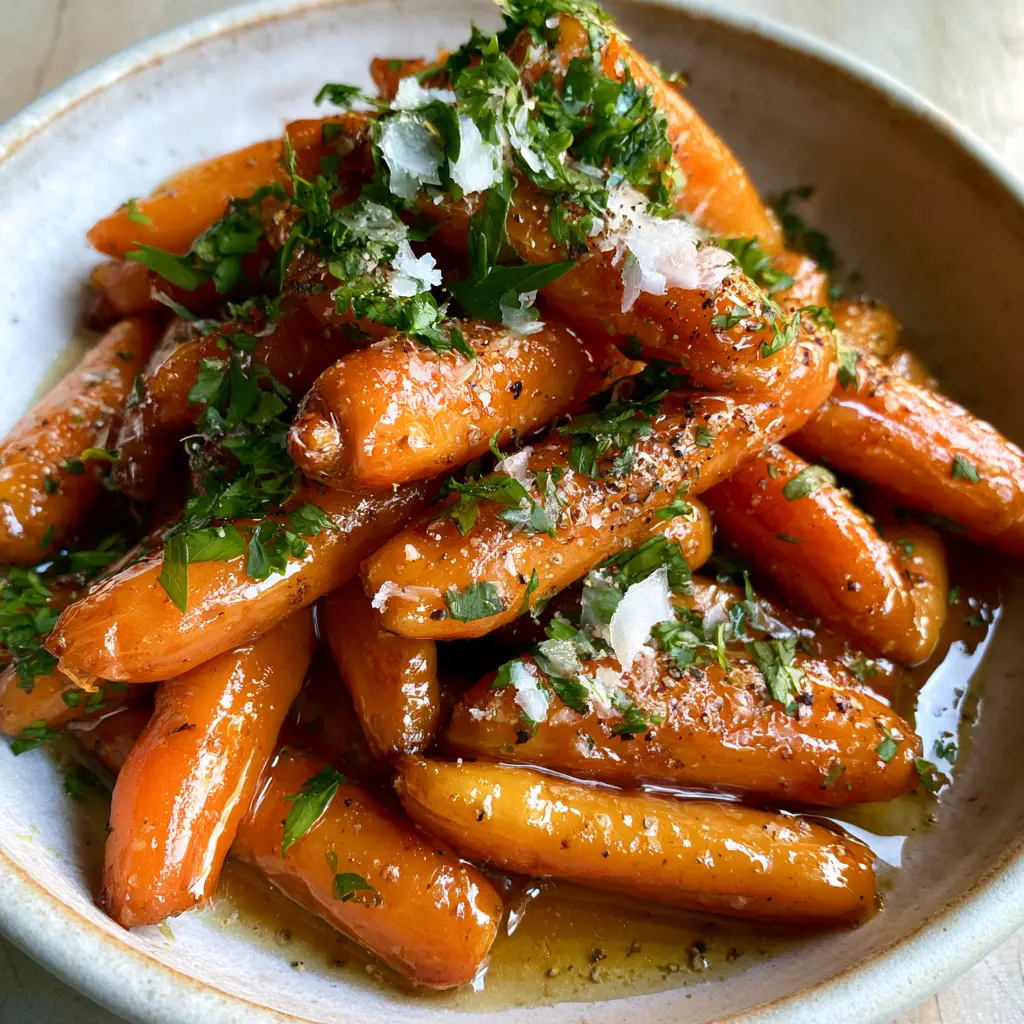 Slow Cooker Glazed Carrots with Honey and Flaky Sea Salt 1 Close-up of glazed carrots showing caramelized edges and coarse cracked black pepper garnishes.