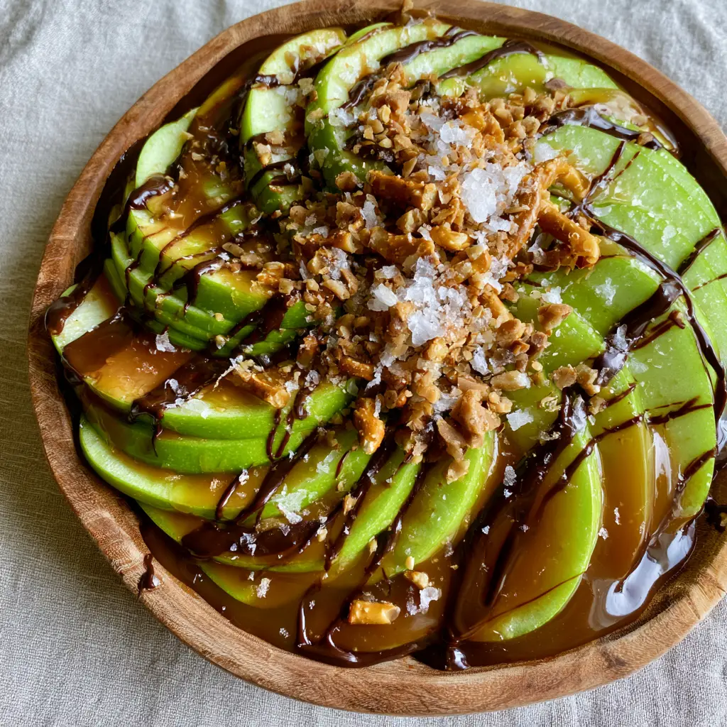 Top-down view of Granny Smith apple slices arranged in a fan and drizzled with glossy caramel and dark chocolate. (Caramel Apple Nachos)