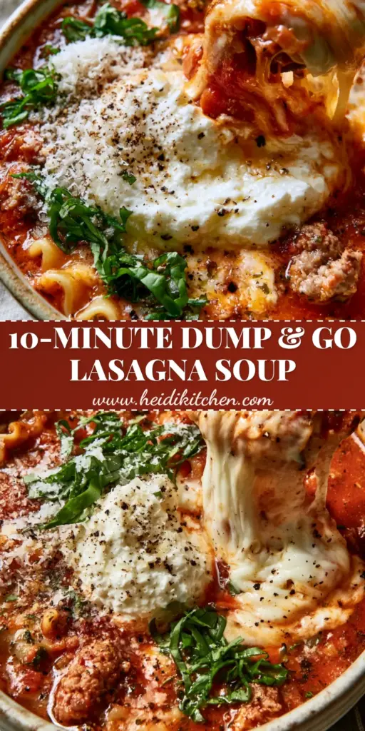 A close-up of Crockpot Lasagna Soup in a rustic ceramic bowl with a massive cheese pull from a wooden spoon, topped with ricotta and basil.