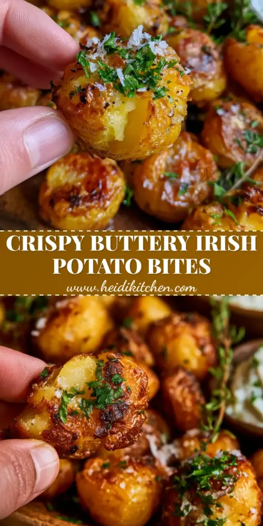 A close-up of buttery irish potato bites with charred craggy edges, glistening garlic butter, and sea salt flakes on a wooden platter.