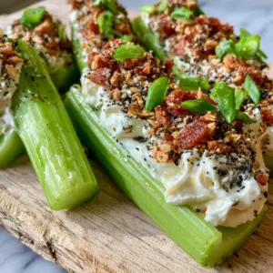 Close up shot of vibrant green stuffed celery sticks filled with a mountain of whipped cream cheese and topped with golden bacon bits.