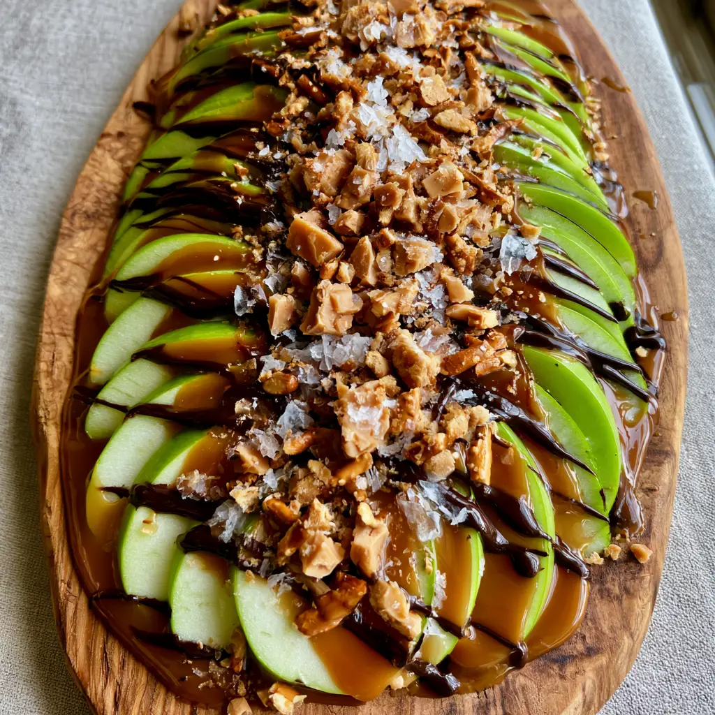 Caramel Apple Nachos with Salted Toffee and Dark Chocolate 1 Close up of buttery toffee bits and sea salt crystals on Caramel Apple Nachos with a dark chocolate drizzle.