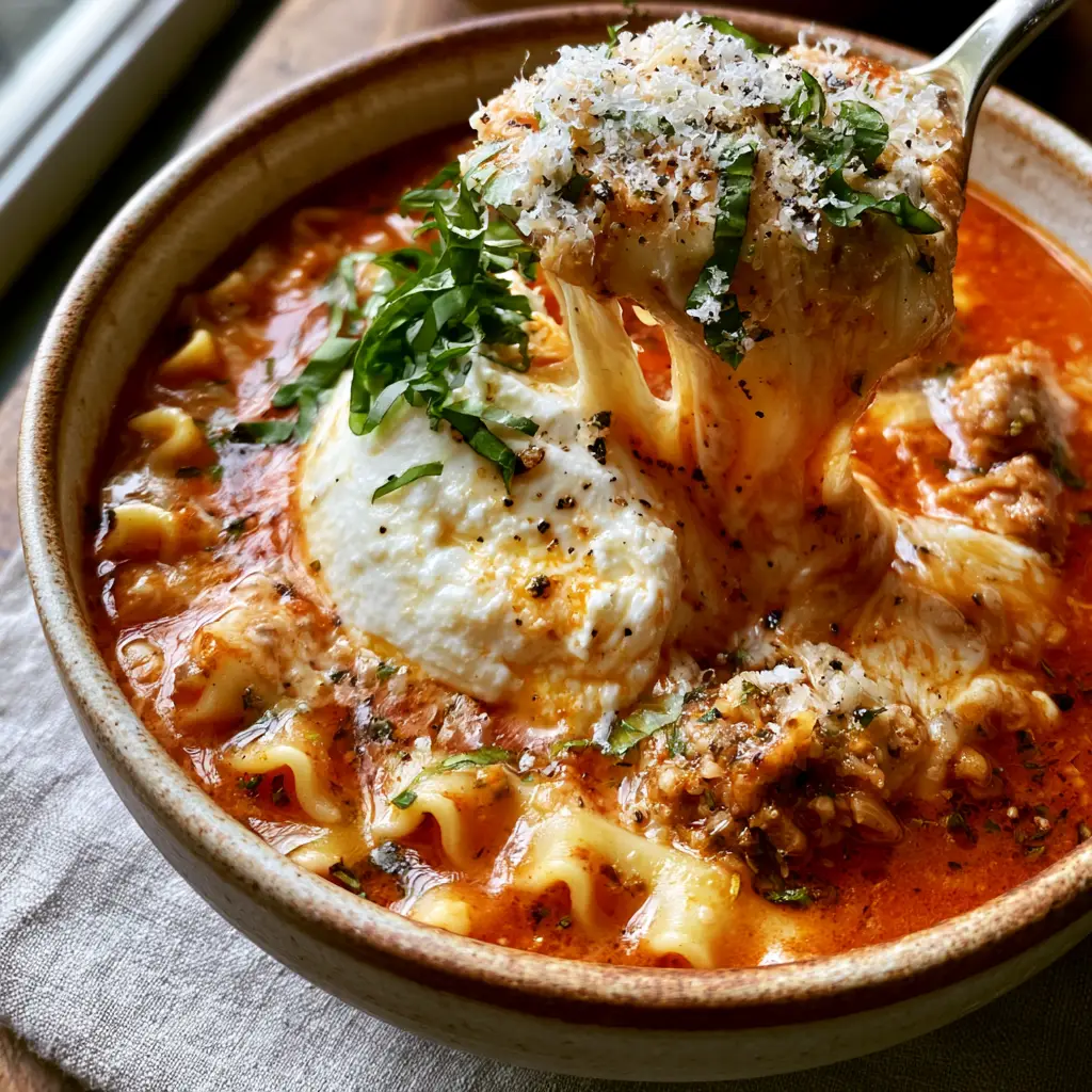 Top-down view of a ceramic bowl filled with Crockpot Lasagna Soup featuring wavy noodles, rich red broth, and fresh basil chiffonade.