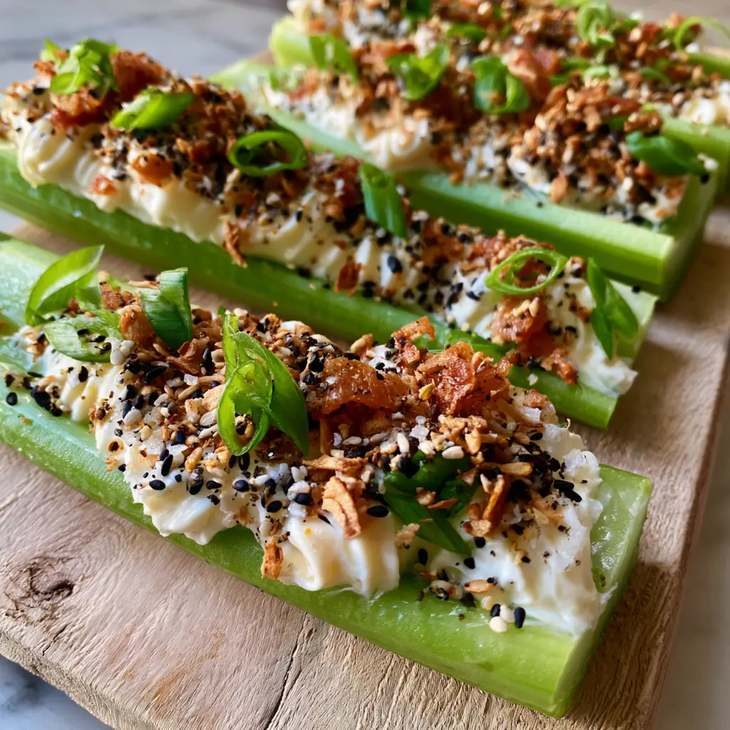 Stuffed Celery Sticks with Whipped White Cheddar and Crispy Bacon 1 Stuffed celery sticks arranged on a marble countertop showing depth and moisture droplets on the emerald green stalks.