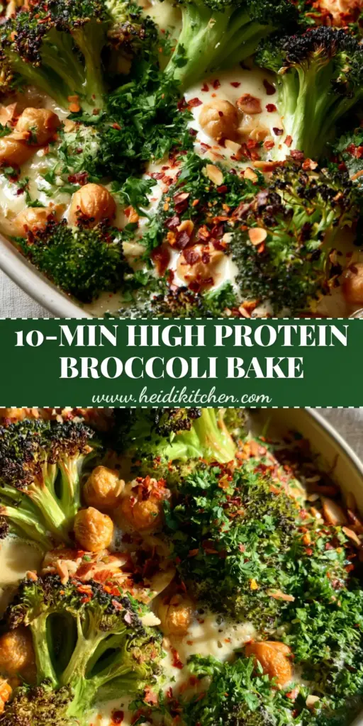 A close-up shot of a broccoli and chickpea casserole in a matte white dish with charred broccoli, golden chickpeas, and a creamy ivory sauce topped with red flakes and almonds.