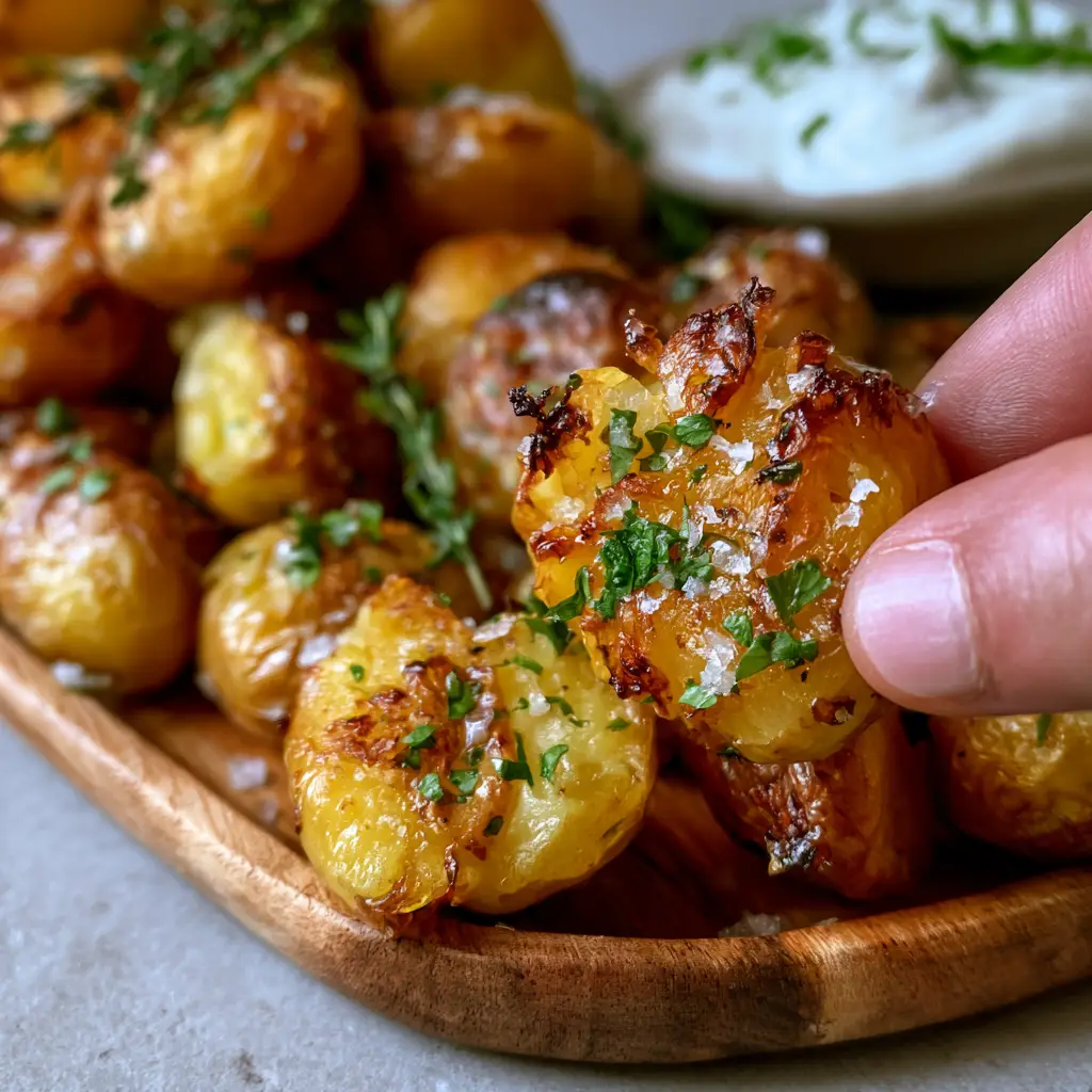 First-person view of a hand picking up one of the buttery irish potato bites showing the fluffy interior and crispy skin.