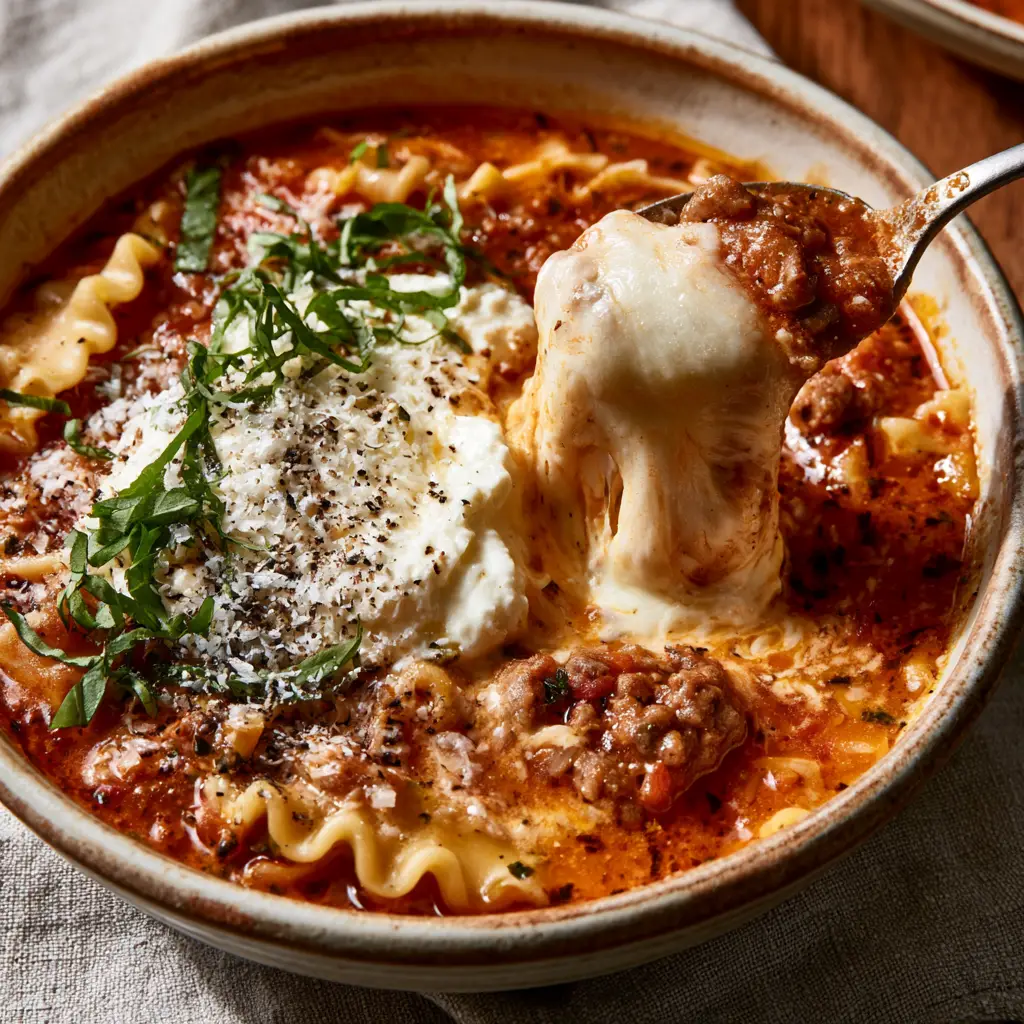 A 45-degree angle shot of Crockpot Lasagna Soup showing the melting snow-white ricotta dollop and browned Italian sausage crumbles.