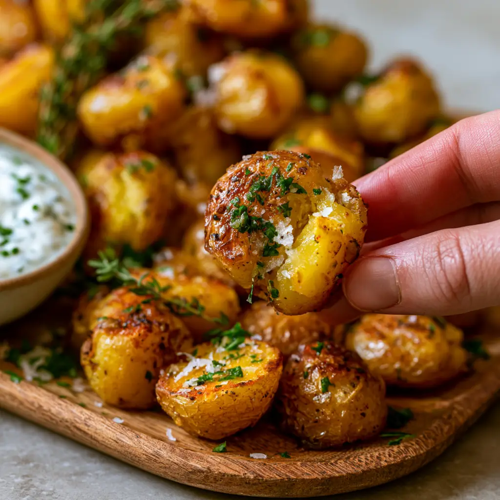 A pile of golden-yellow buttery irish potato bites garnished with thyme and parsley next to a sour cream dip.