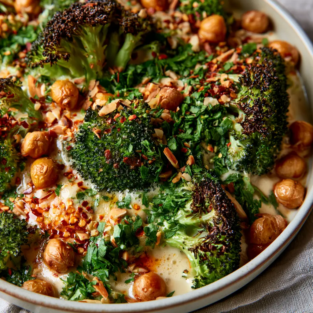 45-degree angle shot of charred broccoli florets and roasted chickpeas in a bubbly ivory cream sauce. (broccoli and chickpea casserole)