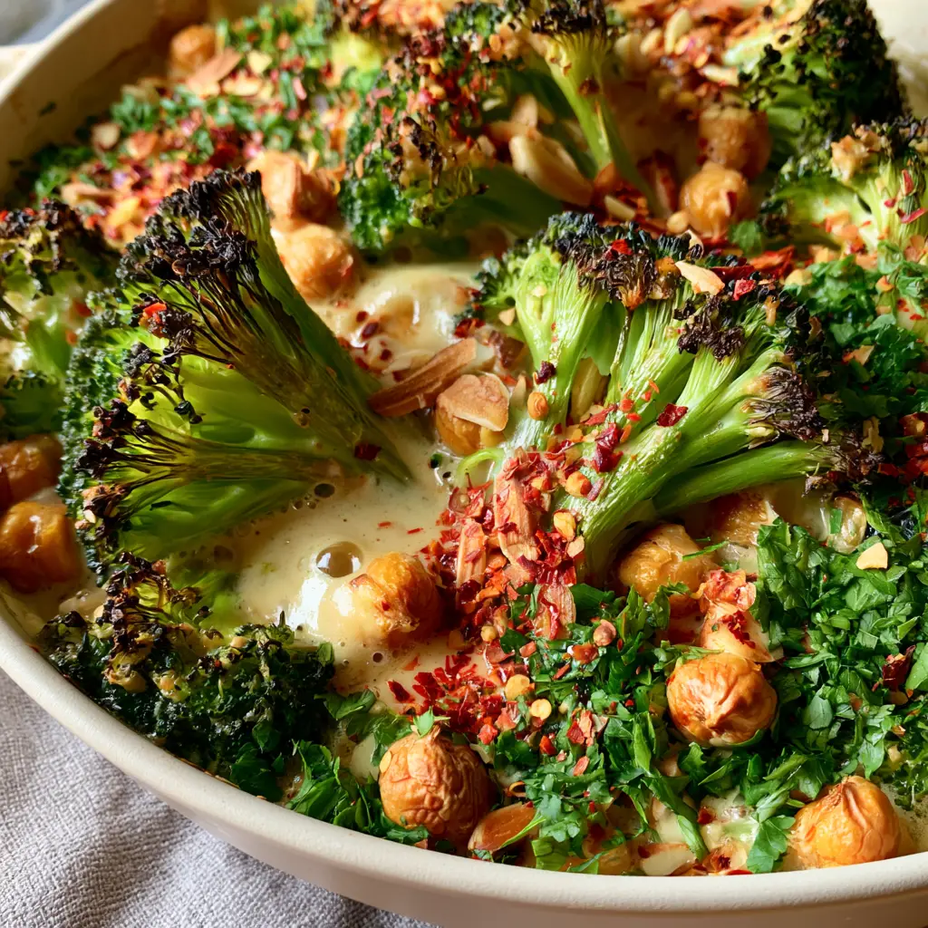 Detailed view of the broccoli and chickpea casserole showing toasted almond slivers and fresh emerald-green parsley garnish.